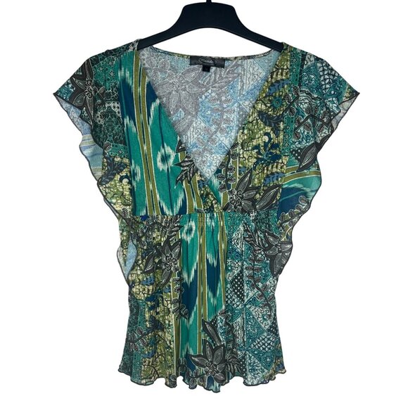 Mandee Womens Boho Floral Patchwork Short Sleeve Blouse Top M - Picture 1 of 13